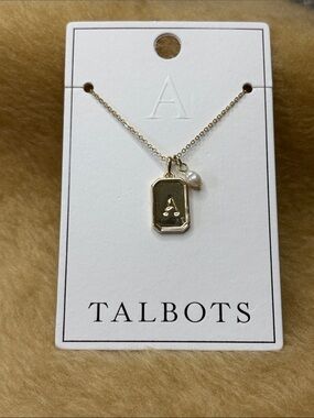 Talbots Gold-Tone 'A' Tag Necklace with Pearl Charm